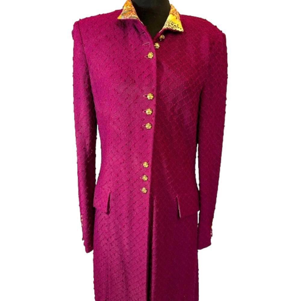 St John Knit Vintage Elegant  Long Coat with Floral Collar